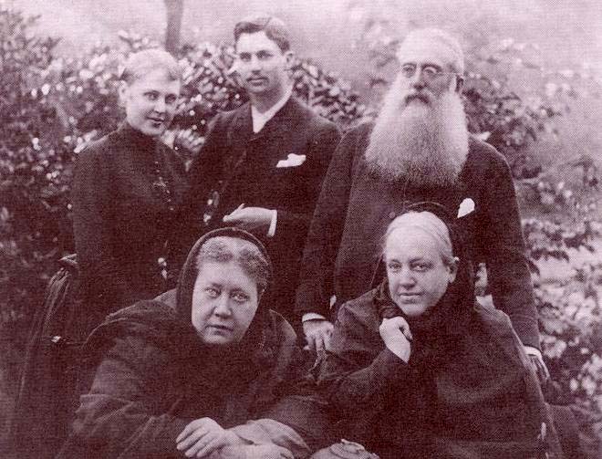 H.P. Blavatsky in London, 1888 with her sister, niece, Charles Johnston and Henry Olcott